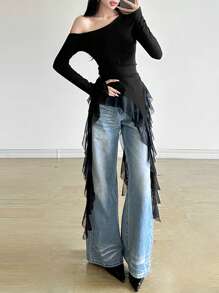 Solid Color Slim Fit Oblique Collar Long Sleeve Top