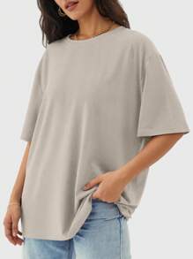 Speed mate Women's Solid Color Dropped Shoulder Loose Fit Sports T-Shirt - Mocha Brown - View 3