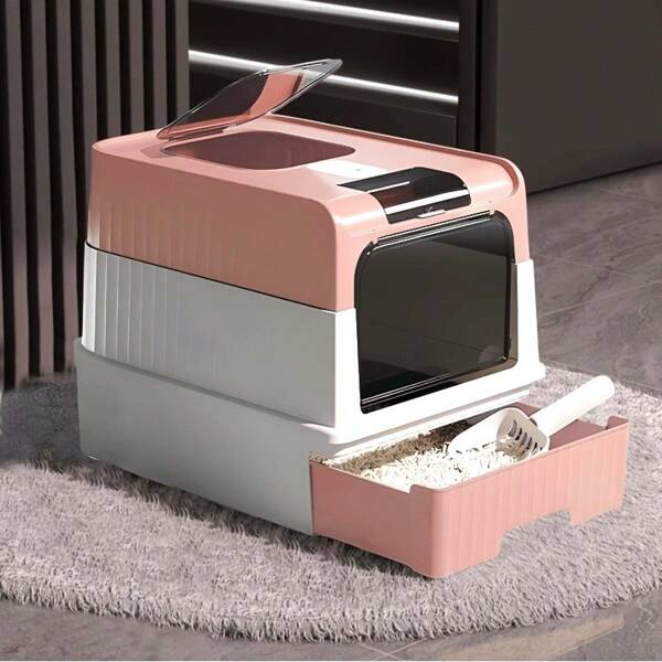 Extra-Large Pink Cat Litter Box With Easy-Clean Drawer And Scoop, Spacious, Durable Polypropylene Rectangular Kitty Toilet, Perfect For Large Cats, Odor Control, Modern Design, Easy To Clean, Pet Supplies