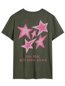 男士夏季标语和五角星印花休闲圆领短袖 T 恤 - 軍綠色 - 查看 1
