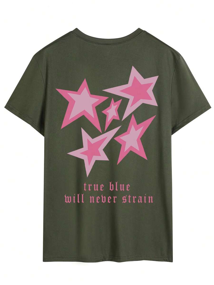 男士夏季标语和五角星印花休闲圆领短袖 T 恤 - 軍綠色 - 查看 1