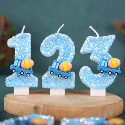 0-9 Numeral & Letter Birthday Candles, DIY Handmade Cake Topper For Birthday, Party, Wedding Decoration, Blue Stirring Truck With Glitter, Blue Ocean Series, Unisex
