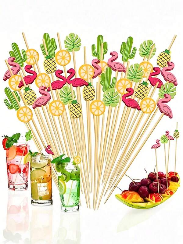 100pcs/50PCS Fruit Stick Pearl Decor Cocktail Picks Summer Tropical Party Supplies (Hawaiian Set), Tropical Cocktail Picks, Hawaiian Theme Hibiscus Flamingo Decorative Toothpicks, Fruit Dessert Sticks, Tropical Cocktail Bamboo Toothpicks Flamingo Pineapple Beach Toucan Palm Leaf, Food Appetizer Skewer, For Drinks, Beach, Luau Decoration, Summer Themed Party Supplies, Appetizer Food, Hawaiian Beach Holiday Party Supplies