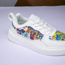 Kinderschuhe, Kinderschuhe, Kindersneaker, Mädchen Sneaker, Jungen Sneaker, modischer Graffiti-Muster weiße Schuhe, leichte, weichsohlige Schnürsenkelsschuhe aus imitiertem Super-PU-Weiß, vielseitige modische weiße Schuhe, Strandurlaubs-Lässig-Slip-On-Schuhe, Unisex-Studentenschuhe für alle Jahreszeiten