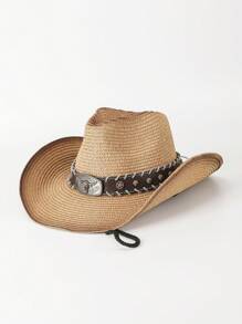 1pc Casual Bull Star Pattern Boho Rivet Bow Straw Sun Hat, Fashionable Versatile Beach Holiday Shade Hat For All Seasons