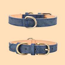 撞色复古皮革宠物项圈 - 防爆可调节狗项圈，适合小型、中型和大型犬 - 藏蓝色 - 查看 14