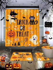 1/4 件万圣节图案浴帘和垫子套装，家居装饰浴帘，浴室淋浴垫，现代风格浴室窗帘，浴室地毯，U 型马桶垫，马桶盖，12 个挂钩，送给朋友和家人的完美节日礼物，圣诞装饰