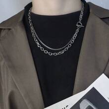 1pc Women Stainless Steel Double Layer OT Clasp Necklace, Minimalist Simple Chain