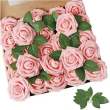 5/10/15/20/25/30 piezas Rosas falsas de aspecto realista con tallos para manualidades, decoraciones de bodas, centros de mesa, arreglos, fiestas, baby shower y decoración del hogar (sin caja, empaque en bolsa de OPP) que incluyen tres hojas
