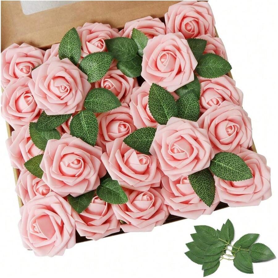 5/10/15/20/25/30 piezas Rosas falsas de aspecto realista con tallos para manualidades, decoraciones de bodas, centros de mesa, arreglos, fiestas, baby shower y decoración del hogar (sin caja, empaque en bolsa de OPP) que incluyen tres hojas