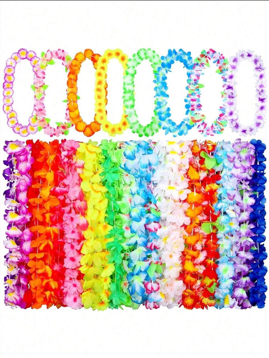 12-30Pieces Hawaiian Leis Necklace Tropical Luau Hawaii Silk Flower Lei Party Favors For Adults Birthday Summer Beach Wedding Favor - Multicolor - View 1