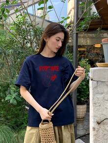 Women's T-Shirt, Short Sleeves, Round Neck, Summer, Simple, 100% Cotton, Red Cat Design - 藍色 - 查看 1