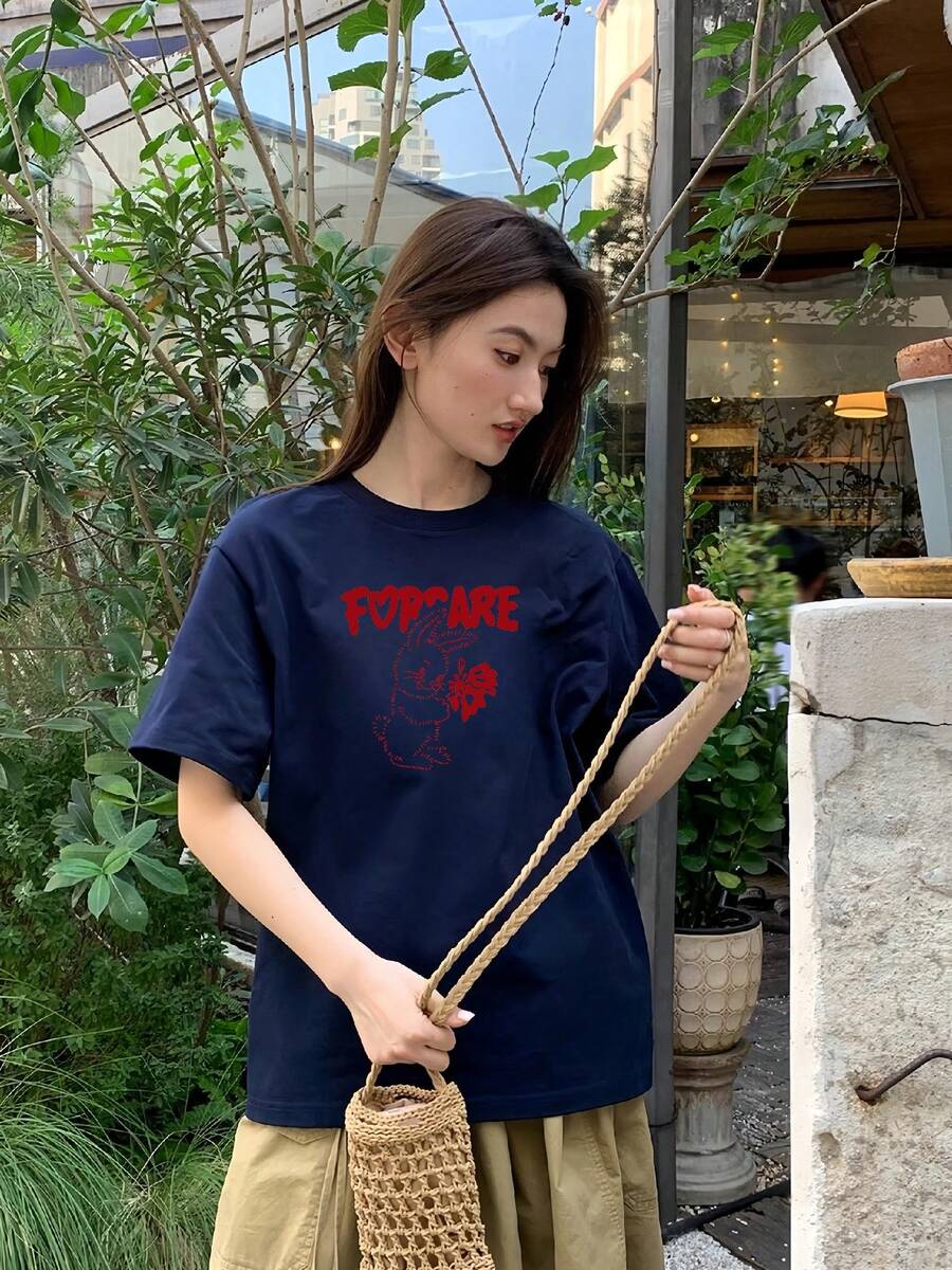 Women's T-Shirt, Short Sleeves, Round Neck, Summer, Simple, 100% Cotton, Red Cat Design - 藍色 - 查看 1