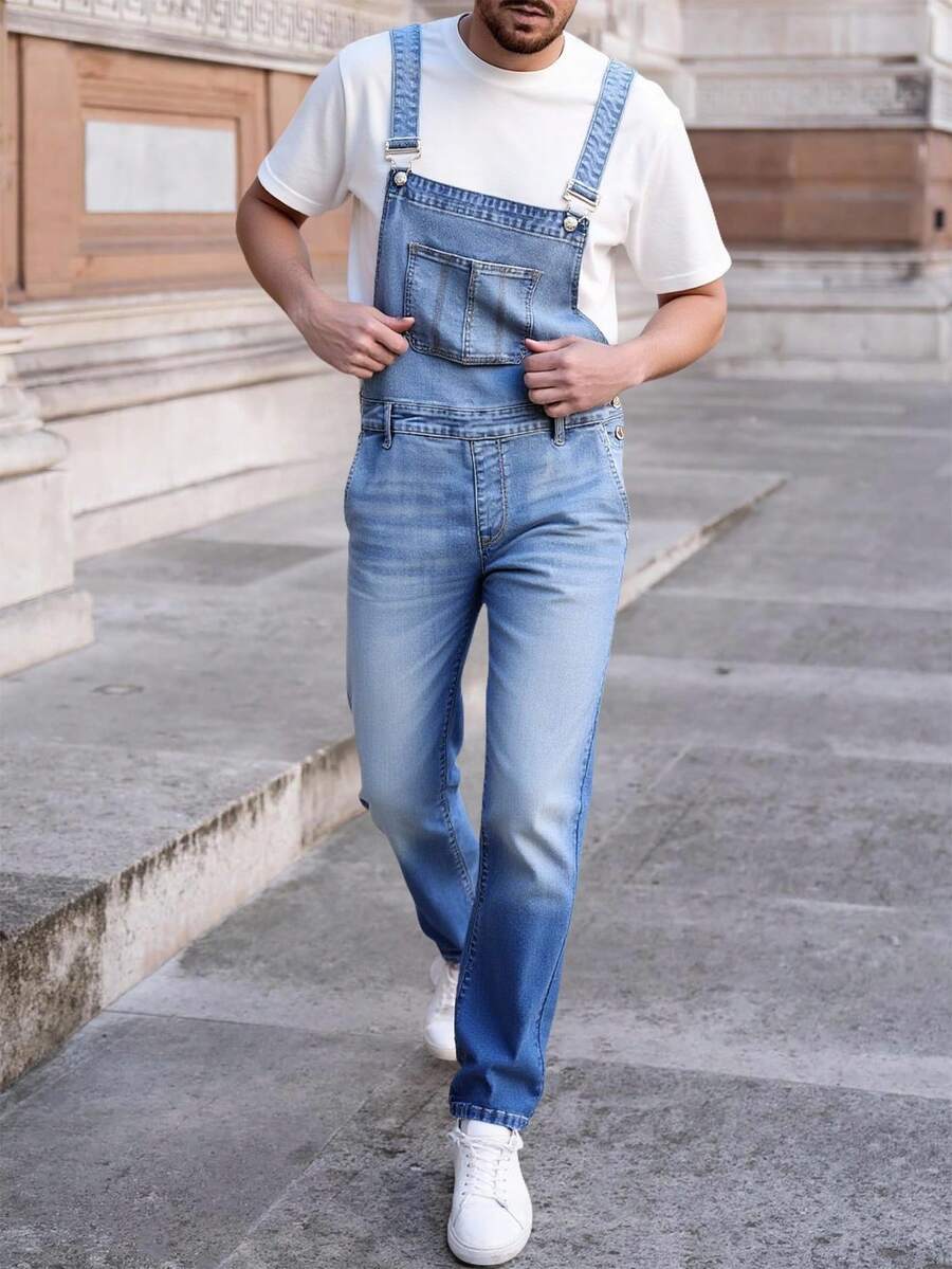 Logeqi® Pantalones Mono Vaquero Con Peto Lavados Para Hombre - Azul - Ver 1