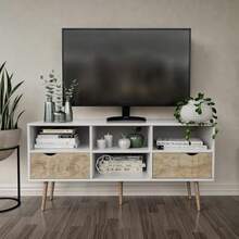 Mueble para TV Rack Moderno, Centro de Entretenimiento con Cajones y Entrepaños Organizadores, Mueble TV Nórdico Color Blanco y Madera Beige - 1 - Ver 2