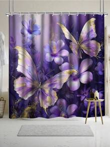 1/4-teiliges Set - Lila Schmetterling Duschvorhang Set, moderne Bauernhaus Blumen Schmetterling Gold Folie botanische Kunst Wasserabweisender Duschvorhang mit 12 Haken, rutschfester Badteppich, Toilette U-förmiger Deckel, perfektes Einweihungsgeschenk für Freunde und Familie