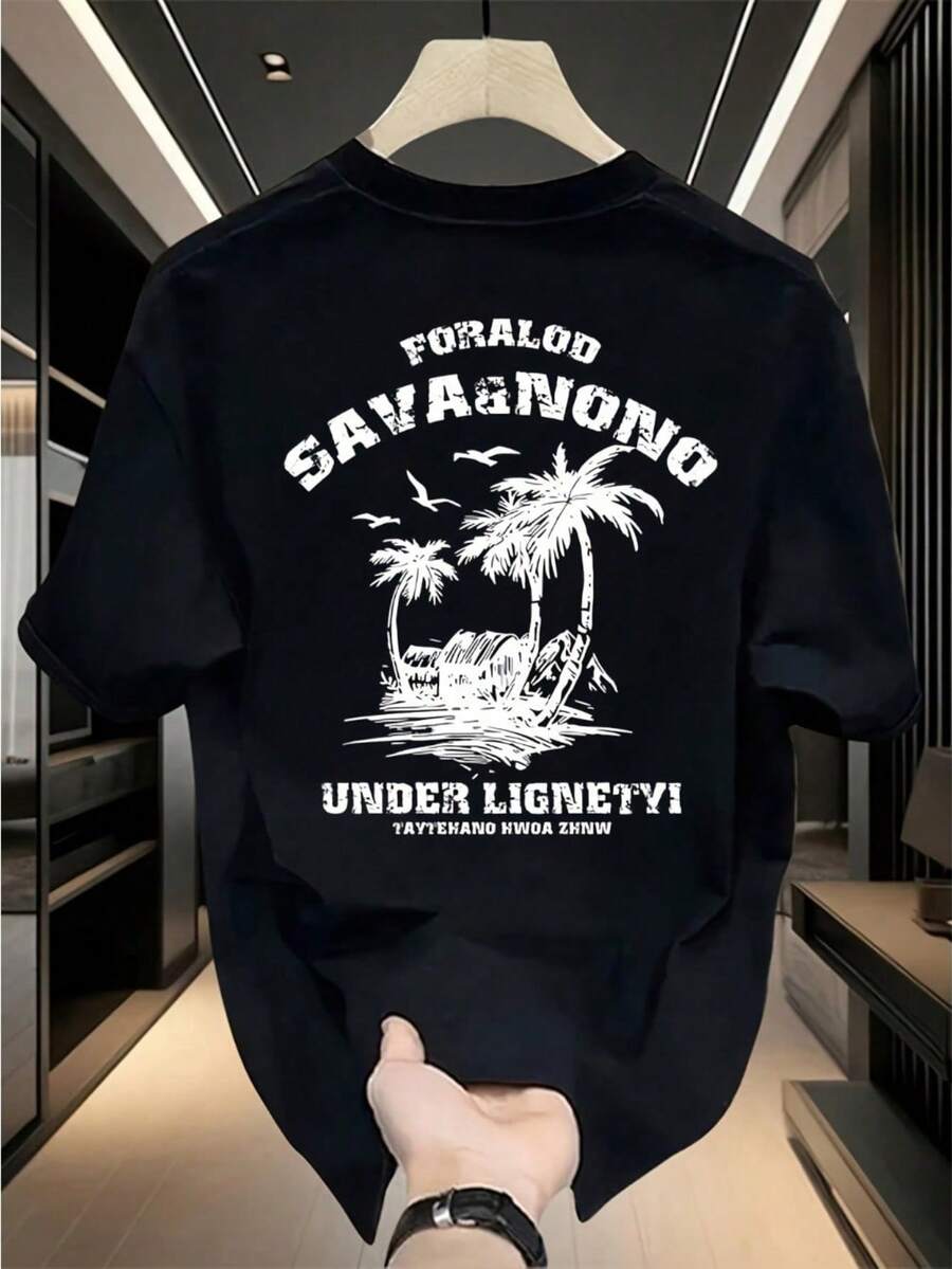 Men's Heavy 100% Cotton Tropical Short Sleeve T-Shirt - Crew Neck Casual Summer Tops Palm And Bird Print Machine Washable Versatile Holiday Style Soft Fabric Streetwear Shirt