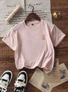 Camiseta de manga corta de cuello redondo, de color gris oscuro estampada, casual para niñas y adolescentes estudiantes, top de verano