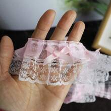 1yard Pink & White Double Layer Lace Ruffle Bowknot Trim, DIY Hairpiece Headwear Craft Accessory - Multicolor - View 10