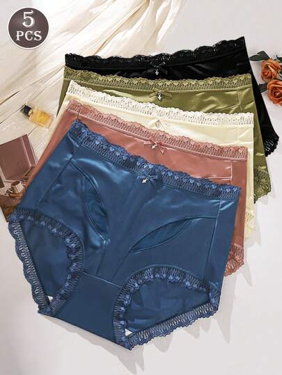 5 Pcs Women's Solid Color French Satin Sexy Lace Lace Hollow Out Bow Tummy Tuck Triangle Panties