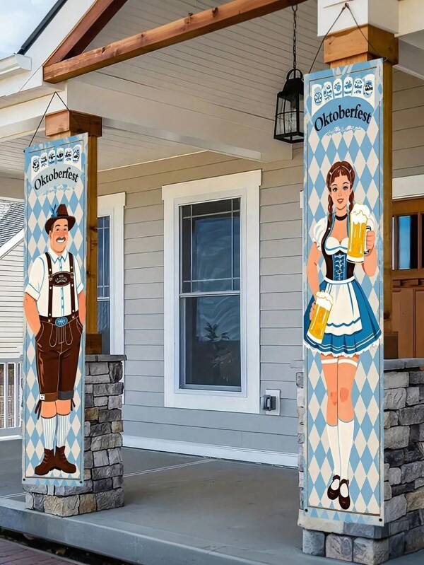 2pcs/Set Munich Oktoberfest Porch Banner -30 * 180cm Polyester Material, Paired With Bavarian Traditional Clothing And Blue And White Diamond Pattern Element Style Design, Rich In Colors, Suitable For Party Door Hanging Decoration And Munich Oktoberfest Decoration. No Electricity Required