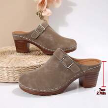 女士时尚穆勒鞋：粗跟设计，搭配牛仔裤/裙子的休闲日常穿着，优雅的波西米亚风扣环 - 卡其色 - 查看 6