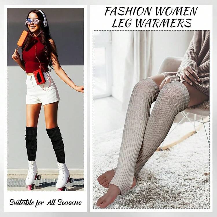 Long Leg Warmers Women 24 Inch Over Knee Knit Ribbed Leg Warmer Stirrup Yoga 80s Party Dance Ballet Supply - 黑色 - 查看 4