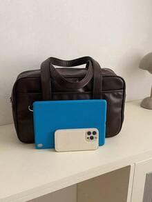 简约时尚 OL 托特包，女士 PU 皮革手提包，纯色大容量单肩包，适合工作 - 咖啡棕 - 查看 5