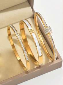 3pcs Exquisite, Elegant, Fashionable And Versatile Starry Sky Zirconia Bracelet Set, 18K Gold-Plated Mirror Polished, Vacuum Electroplated, Waterproof And Not Easy To Fade Stainless Steel Bracelet Set, Suitable For Ladies' Gatherings, Daily Wear, European Style, Generous Personalized, Luxury Zirconia Bracelet, Wedding Jewelry Set, For Girls, Ladies, Relatives, Friends, Birthdays, Valentine's Day, Mothers, Mother's Day, Gifts.