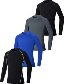 EXARUS 4 Pack Boys Compression Shirts Youth Long Sleeve Athletic Base Layers Moisture Wicking Undershirts For Ages 6-12 - Black and White + Royal Blue + Dark Gray + Black - View 1