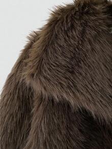 Women's Fashion Casual Faux Fur Collar Long Sleeve Coat - Coffee Brown - View 6
