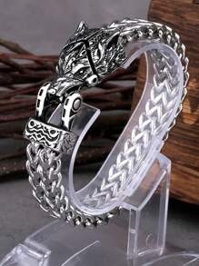 1pc Retro Punk Style Stainless Steel Wolf Head Men's Bracelet, Fade-Resistant