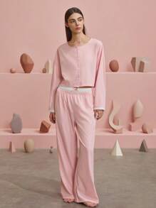 بيجامة نسائية، ملابس علوية علوية بياقة مستديرة وأزرار، وبنطلون كاجوال بخصر مطاطي، ملابس منزلية عصرية، ملابس خريفية