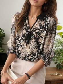 女式花卉印花领口腰带 V 领优雅衬衫，别致荷叶边 7/4 袖春夏衬衫，适合日常穿着、休闲、聚会、办公室、度假、假日旅行 - 彩色 - 查看 1