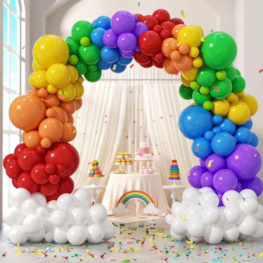 113pcs Rainbow Balloon Arch Kit, Includes Red, Purple, Yellow, Blue, Orange, White, Lime Green Balloons, Suitable For Graduation, Baby Shower, Colorful Rainbow, Boy/Girl Kids Birthday Party Decor - Multicolor - View 1