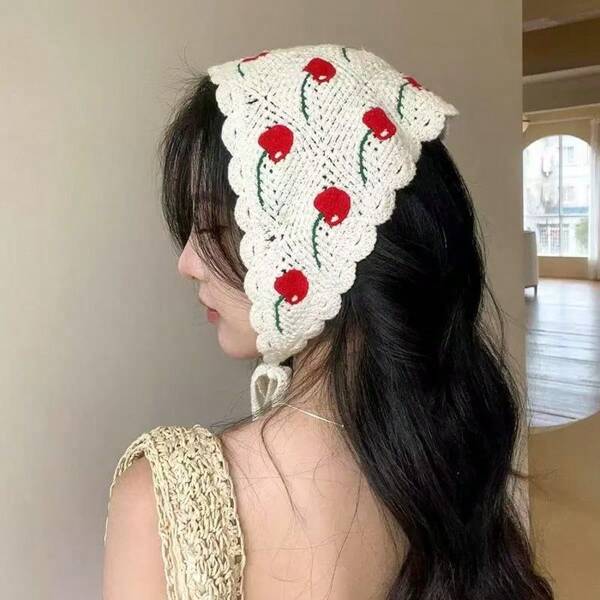 Korean Style Ins Cute & Sweet Embroidered Cherry Hollow Out Hand Knitted Headband Triangle Scarf For Women