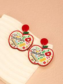1 Pair Of Red European And American Fashion Pencils, Rulers, Stationery, Wooden Apple Pendants, Earrings, Letters, Teacher Earrings, Earrings, Teacher's Day Back To School Season Earrings, Teacher's Day Back To School Season Earrings
