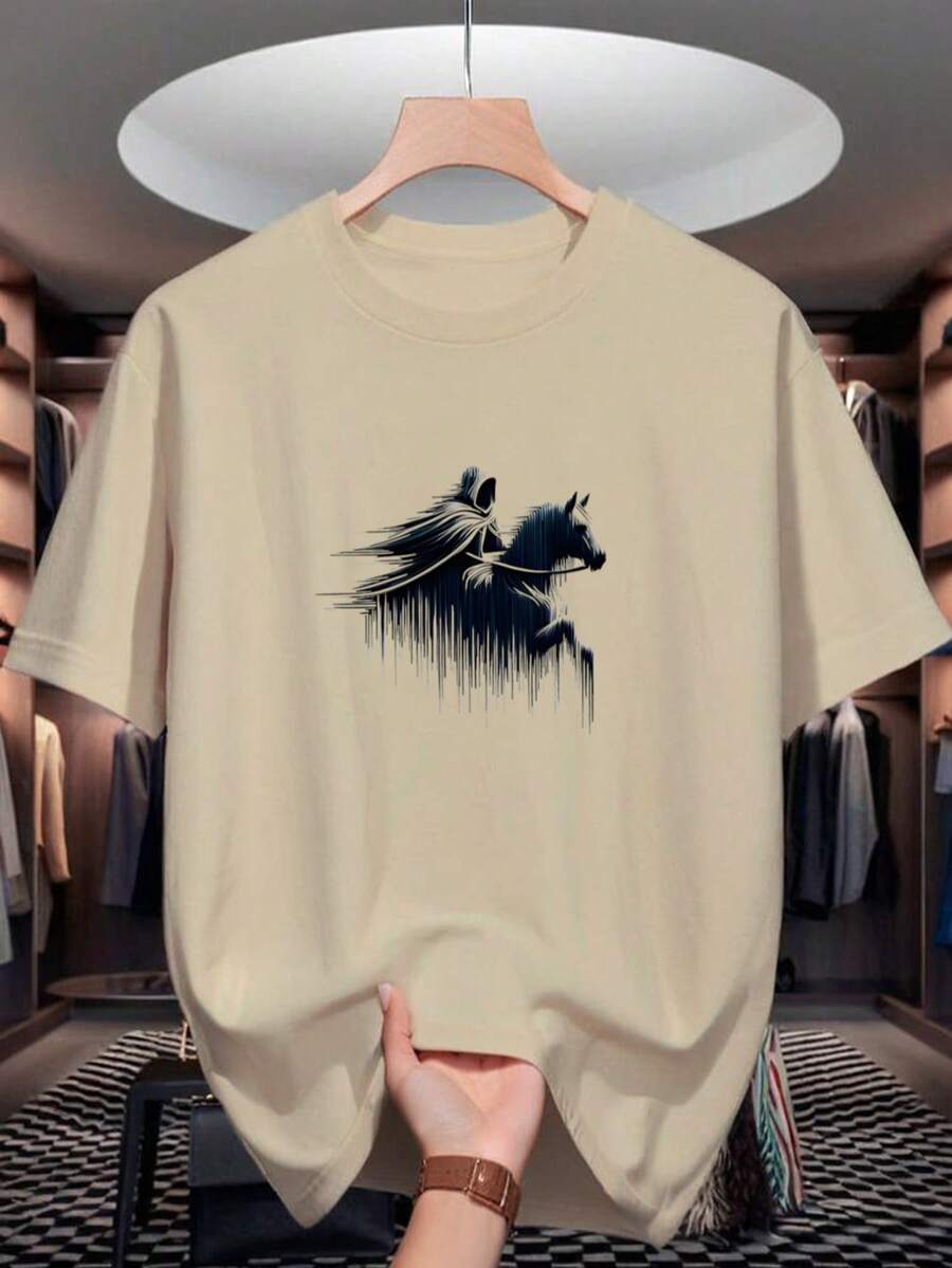 Men's Casual Loose Crew Neck T-Shirt, Geometric Horse Print, Lightweight Summer Top, Regular Fit - Adult, Fashion Apparel | Urban Style Tee | Comfortable Fit - Khaki - View 1