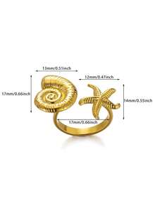 Elegant Big Bloom Flower Stainless Steel Ring, Conch Starfish Adjustable Open Rings For Women, 18K Gold-Plated Wedding Jewelry Aesthetic Beach Vacation Daily Wear Accessories Gifts - Stainless Steel - View 13