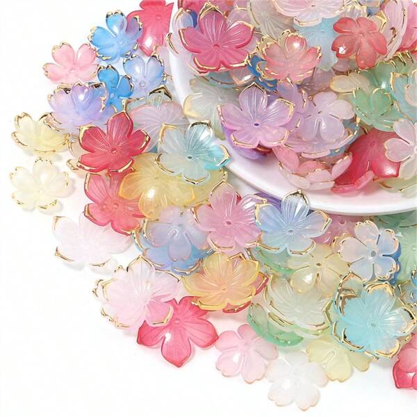 50/100 pièces 24mm Accessoires de fleurs de cerisier à bord doré multicolore. Épingle à cheveux en acrylique à texture de gelée avec dégradé de pétales de fleurs de cerisier. Kit pour DIY maison
