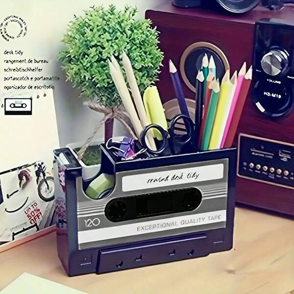 Vintage Cassette Tape Dispenser With Pencil Holder - Retro Magnetic Office Supply Storage Box,PE Material, Black Color, Include Colorful Stationery, Lovely Cassette Tape Dispenser, Retro Aesthetics Office Organizer