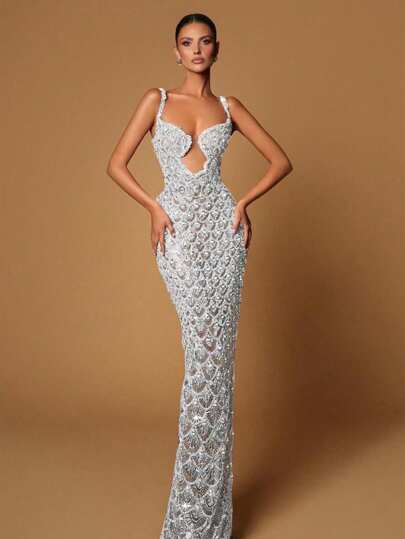 New Arrival Women's Glamorous Sequin Patchwork Spaghetti Strap Sleeveless Evening Gown, Party Dress, Wedding Guest Dress, Formal Dress, Evening Dress