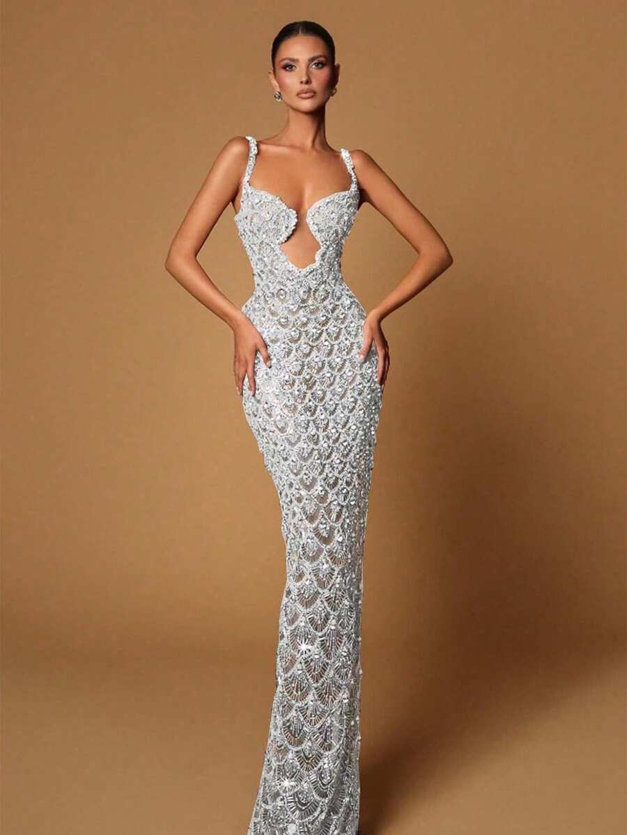 新款女士迷人亮片拼接细肩带无袖晚礼服、派对礼服、婚礼宾客礼服、正式礼服、晚礼服 - 白色 - 查看 1