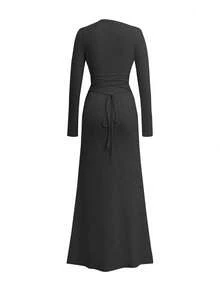 Women's Autumn Dress, Long Sleeve, Oblique Collar, Spaghetti Strap, Waist Cinched, Ruffle Hem, Asymmetric Slit, Elegant Style, Suitable For Vacation, Outing, Date, Party, And Back To School Season - Black - View 4