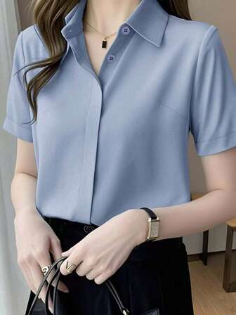 真丝短袖衬衫，设计感十足，成熟优雅的港式风格，缎面