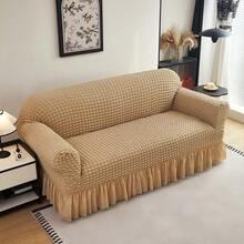 1pc Pet Friendly Bubble Waffle Stretch Sofa Slipcover With Ruffle Skirt Anti-Slip Full Wrap Couch Cover Machine Washable Universal Furniture Protector For 1/2/3/4 Seater Old Sofa Living Room Makeover - Yellow - View 5