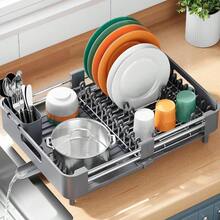 New Extendable Dish Drainer Rack Stainless Steel Foldable Dish Rack With Removable Cutlery Holder And AntiScratch Holder Adjustable Draining Board Rack With Drainage Spout Gray - Grey - View 6