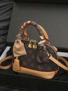 1 件女士时尚花卉印花撞色手提包，字母印花贝壳形拉链斜挎包，配有可拆卸肩带，可容纳手机、化妆品、零钱包，带围巾装饰，适合购物、户外、旅行 - 彩色 - 查看 7