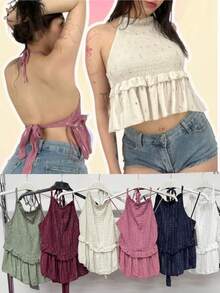 Women's Glitter Party Top With Ruffle Hem For Daily Summer - 杏色 - 查看 4