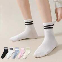 5 双女式中筒袜，双面条纹 - 纯色弹性罗纹袜腿，柔软透气面料，适合休闲、轻度运动和日常穿着 - 中性色（黑色、灰色、粉色、白色、米色），可爱袜子